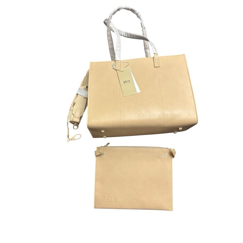 BEIS The Work Tote Color Beige Vegan Leather Laptop Commute New